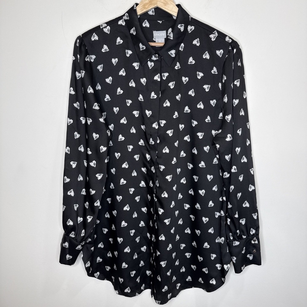 Chico's Button Up Satin Blouse Top Women's 2 12/14 Heart Black Whimsigoth Career